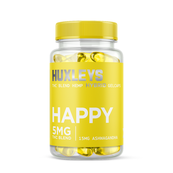 5mg Huxley's HAPPY 50 Gel Caps THC+ ASHWAGANDHA – Happy Zen Shop